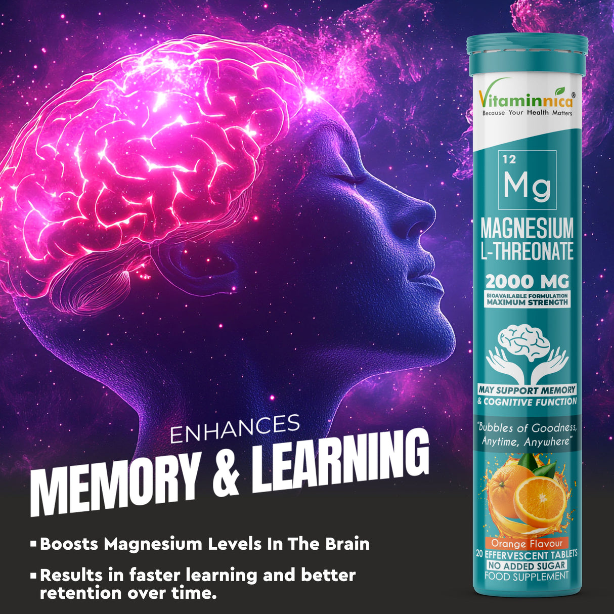 Vitaminnica Magnesium L-Threonate- 20 Effervescent Tablets – Brain Health, Memory & Focus Support Supplement