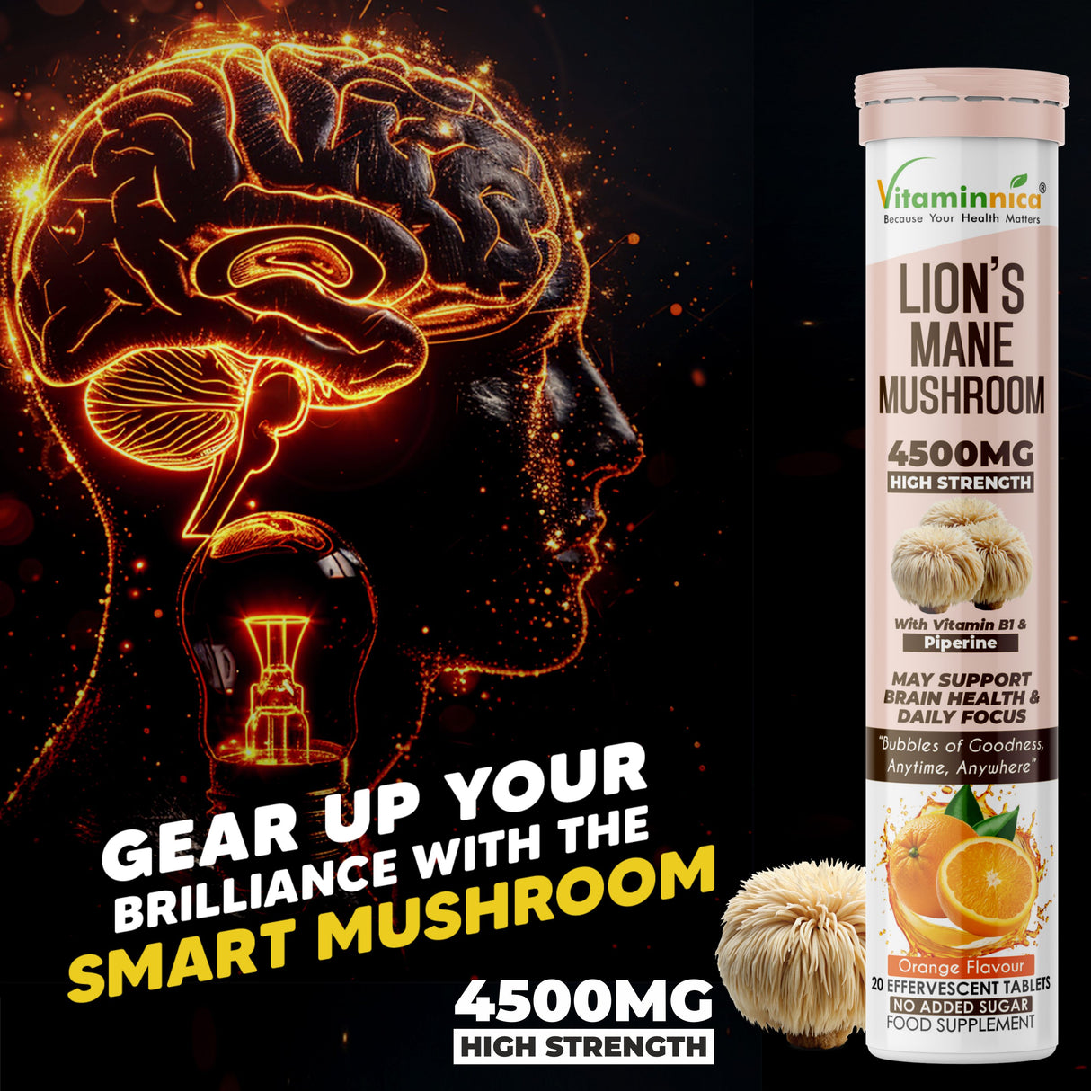 Vitaminnica Lion’s Mane Effervescent Tablets Orange Flavour – Buy 2 Get 1 Free | Cognitive Support, Memory, Focus & Brain Health | Vegan, Sugar Free