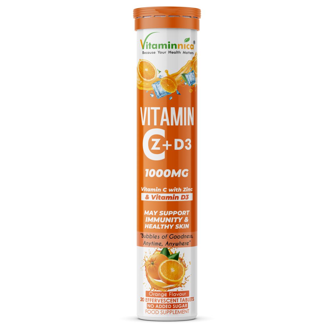 Vitaminnica Vitamin C + Zinc + D3- 20 Effervescent Tablets – High-Strength Vitamin C Drink for Immunity, Hydration, and Recovery | Sugar-Free, Orange Flavour