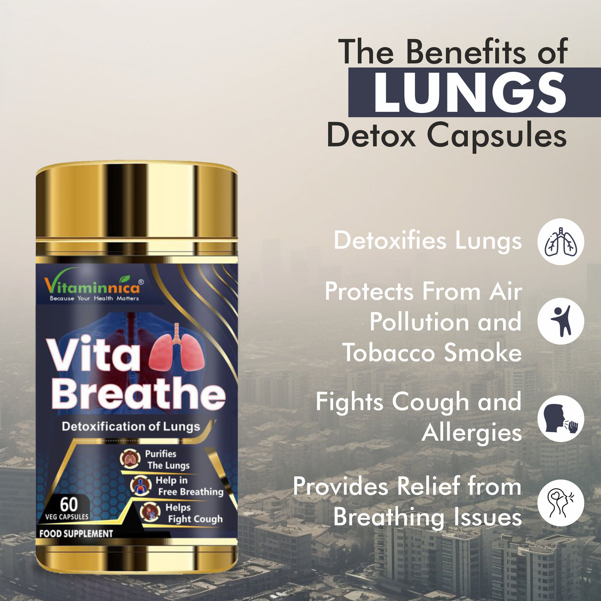 Body+Lungs Detox Bundle- Vitaminnica Apple Cider Vinegar & Curcumin+ Vita Breathe+ Black Garlic- 180 Capsules