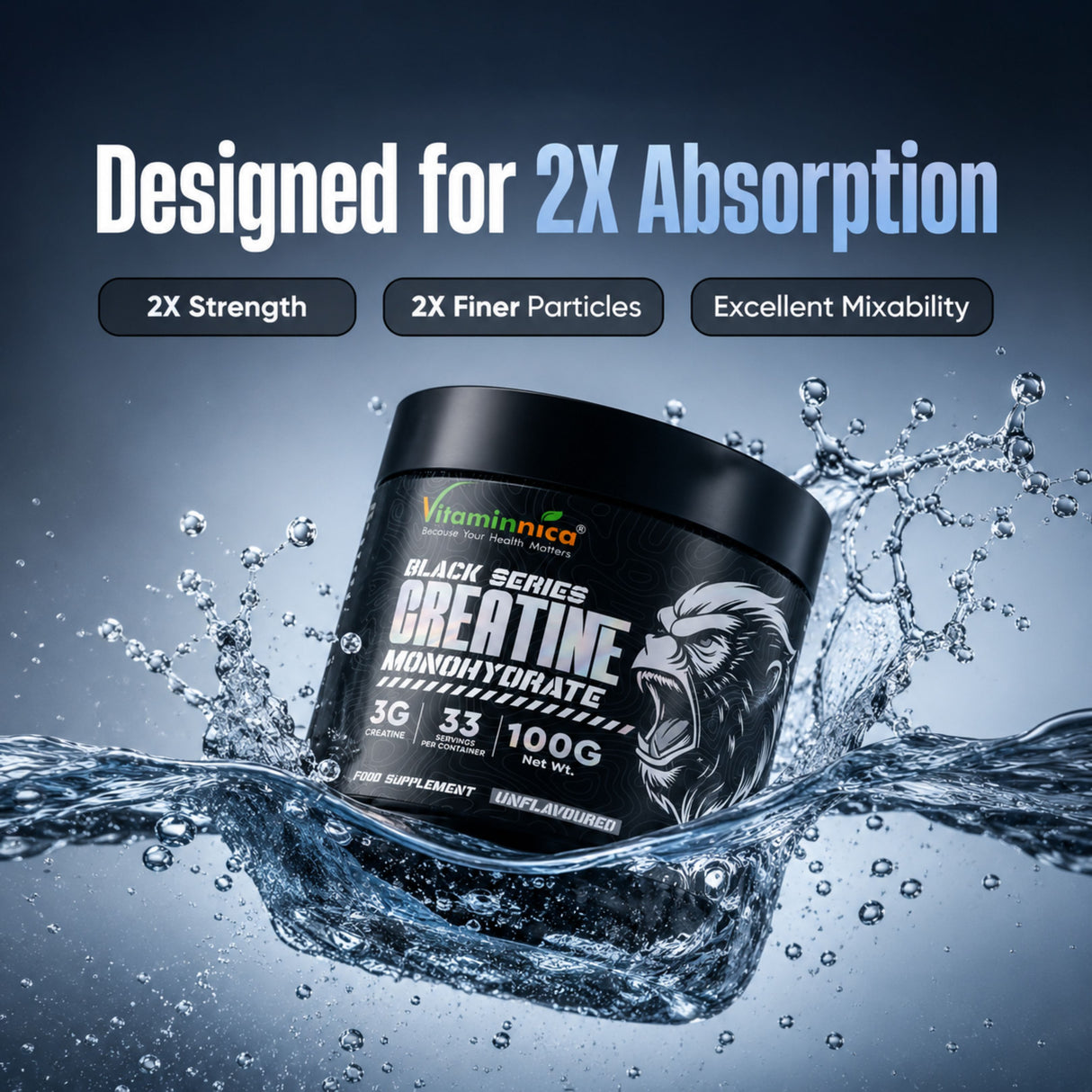 Vitaminnica Pure Creatine Monohydrate Powder- 33 Servings High Strength Formula for Men & Women | Premium Pre Post Workout Fitness Shake Supplement