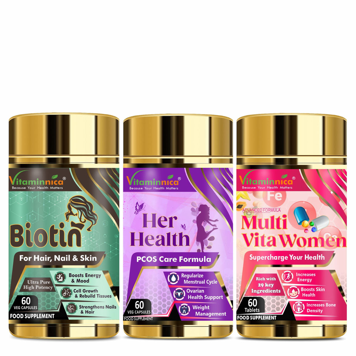 Vitaminnica Biotin+Her Health+Multi Vita Women- Combo Pack | 180 Capsules