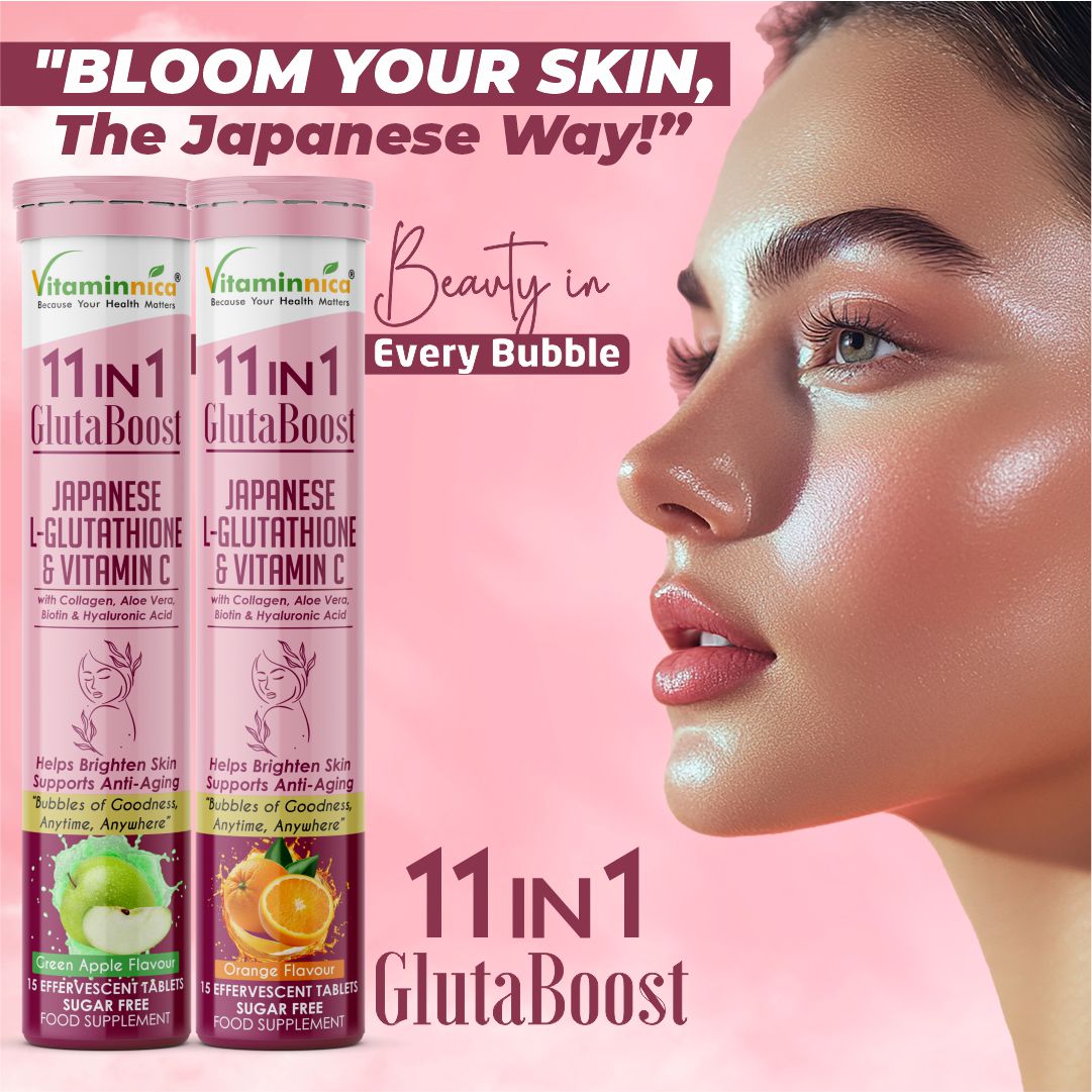 Vitaminnica Gluta Boost 11-in-1 Effervescent Tablets | Japanese L-Glutathione, Collagen, Vitamin C, Biotin & Hyaluronic Acid | Skin Radiance & Beauty Supplement | 15 Tablets