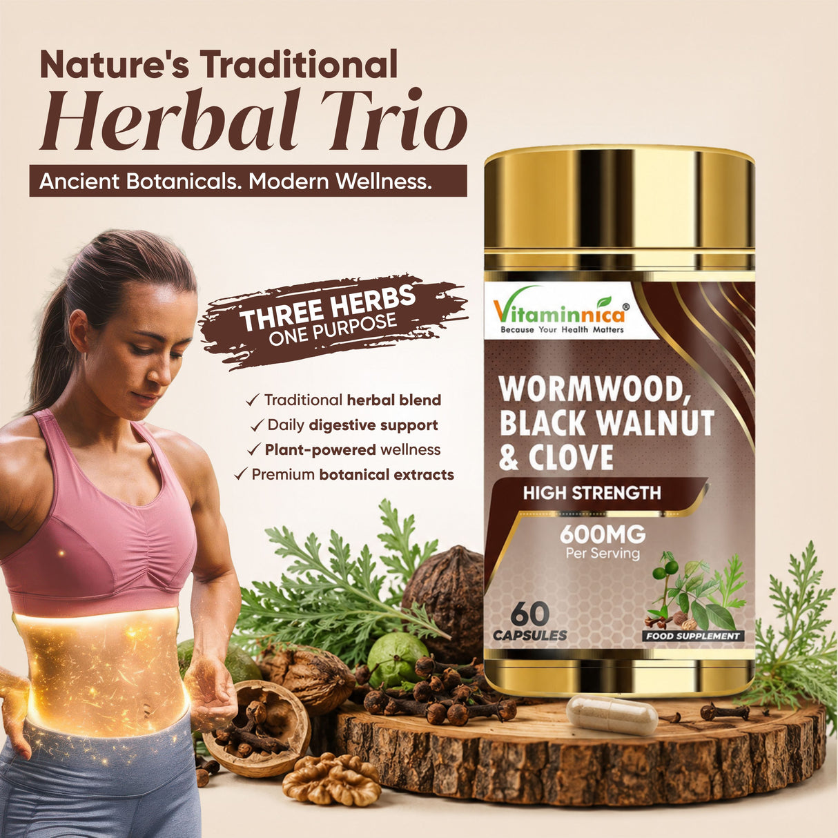 Vitaminnica Wormwood Black Walnut and Clove Capsules High Strength | 3 in 1 Herbal Gut Cleanse & Intestinal Microbiome Balance Complex | 60 Vegan Digestive Health Supplements