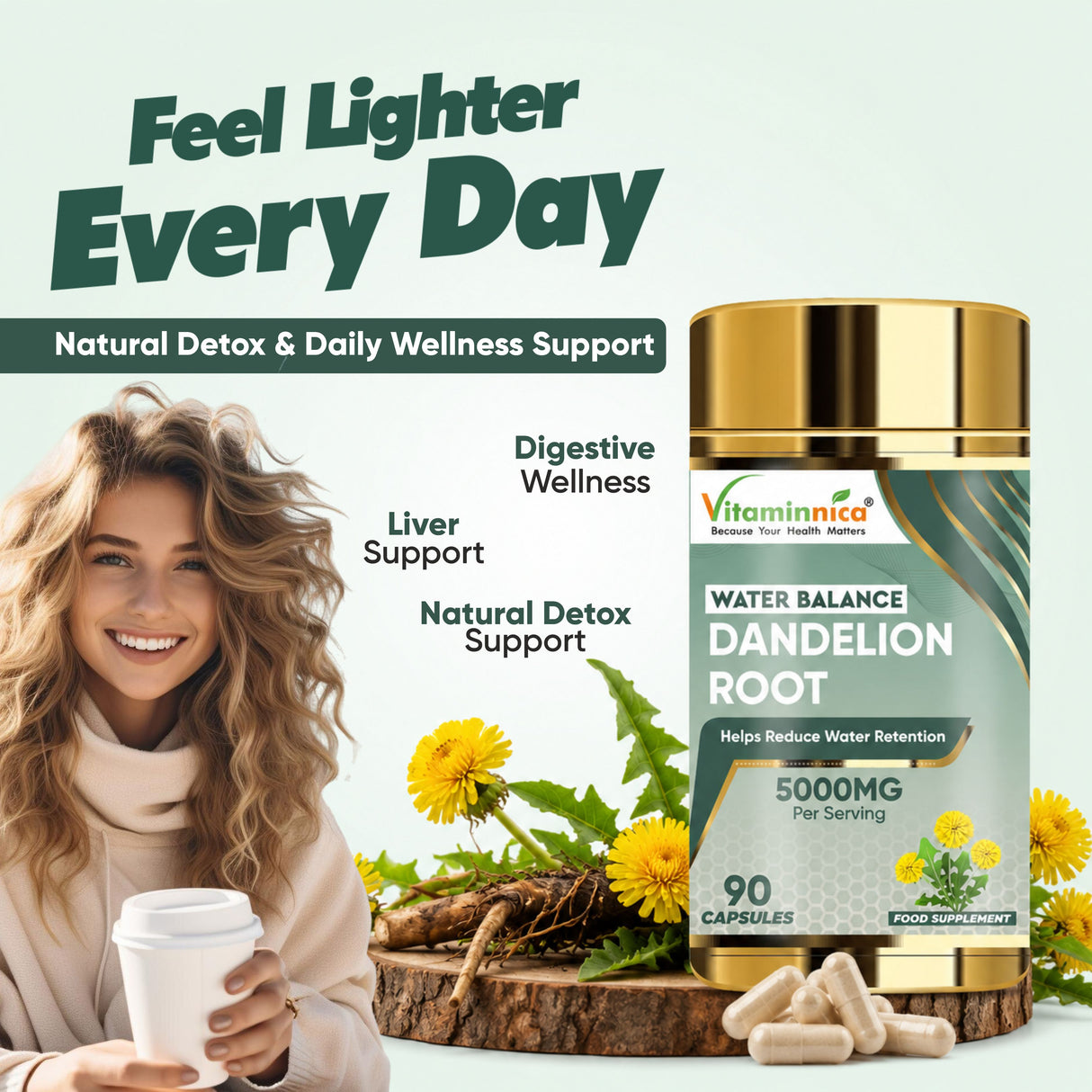 Vitaminnica Dandelion Root Capsules High Strength 5000mg- 90 Vegan Herbal Supplements | Natural Liver Cleanse Detox Support & Fluid Balance