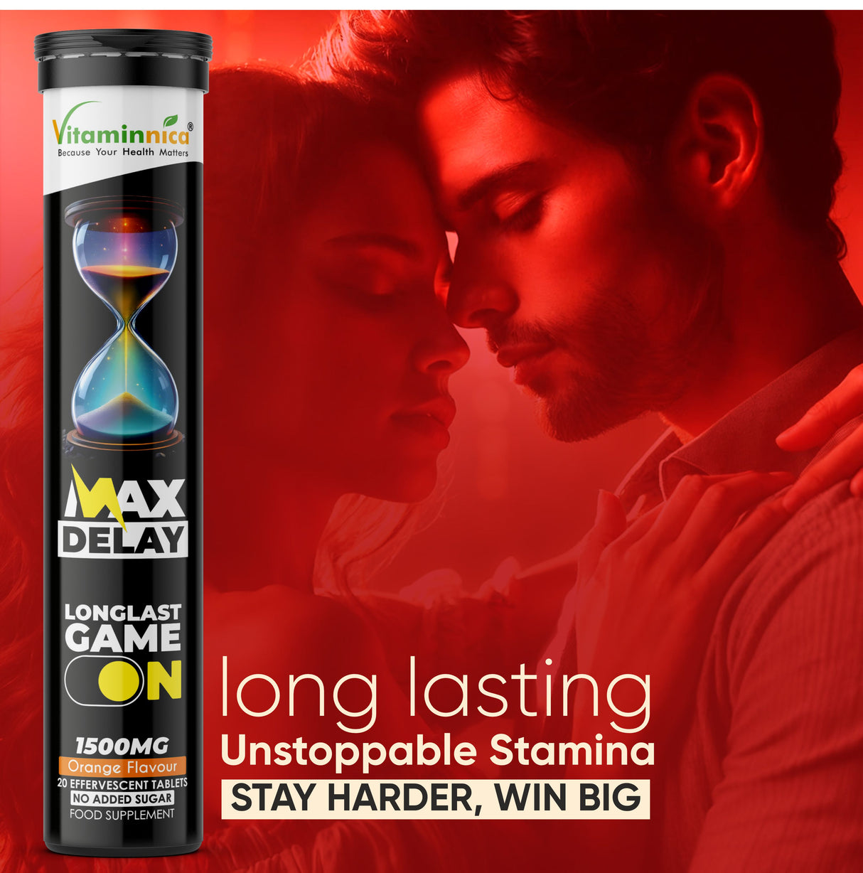 Vitaminnica Max Delay Effervescent Tablets Orange Flavour – Buy 2 Get 1 Free | Stamina, Endurance, Vitality & Sexual Wellness Support | Vegan, Sugar Free