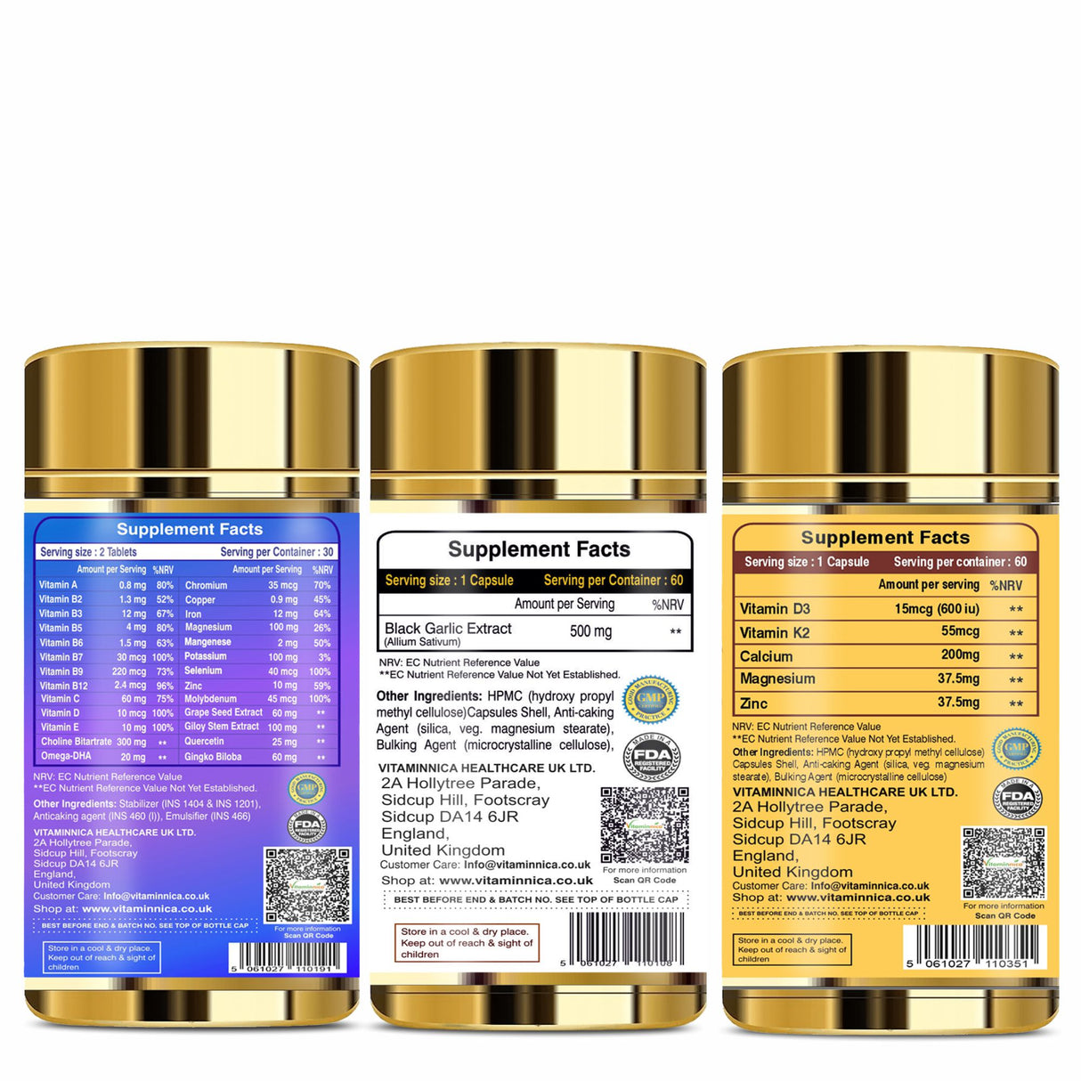 Men's Immunity Bundle- Vitaminnica Multi Vita Men+ Black Garlic + D3K2- 180 Capsules