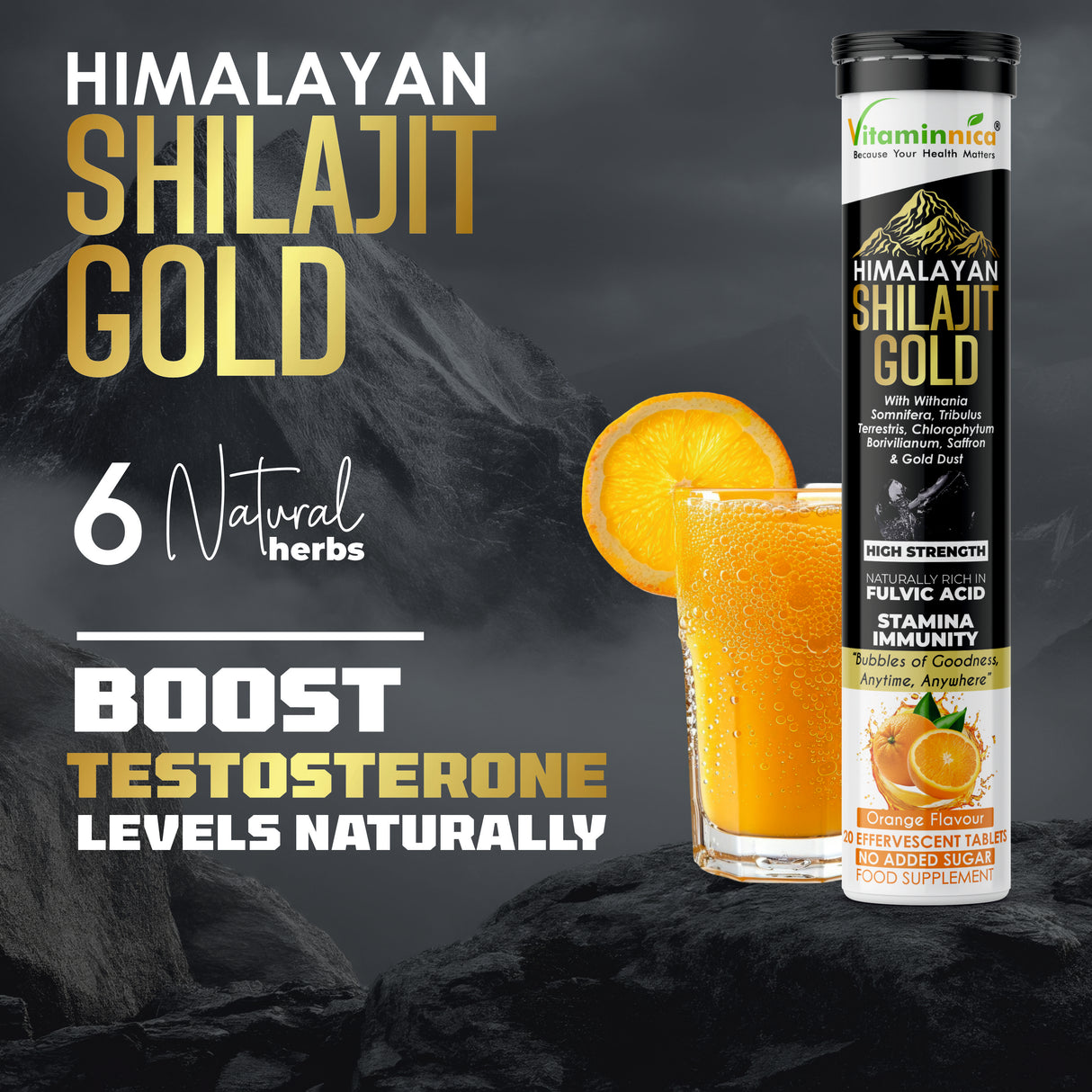 Vitaminnica Shilajit Gold- 20 Effervescent Tablets | Ashwagandha, Gokhru, Saffron & Swarna Bhasma (Gold Dust) for Natural Vitality, Strength & Performance Booster