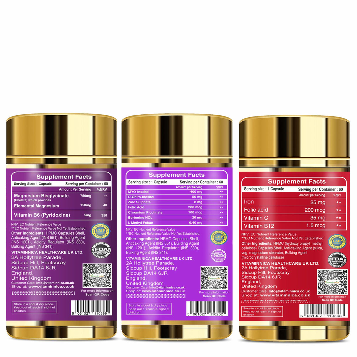 Women PCOS Care Bundle- Vitaminnica Magnesium Bisglycinate+ Her Health+ Iron+Folic Acid- 180 Capsules