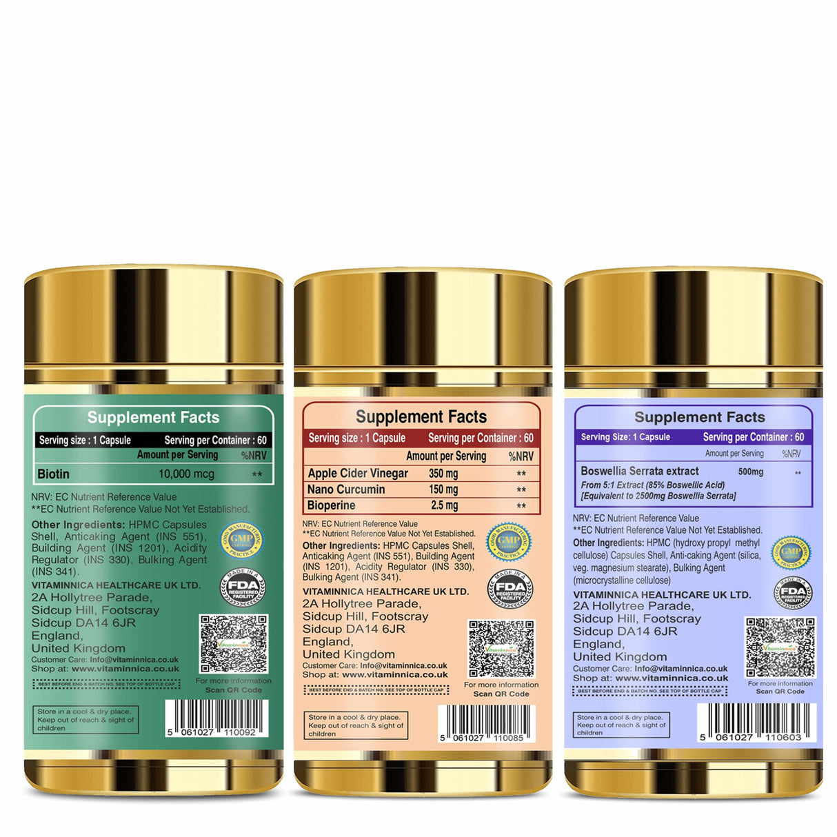 Vitaminnica Biotin+ Apple Cider Vinegar & Curcumin+ Boswellia Serrata- Combo Pack| 180 Capsules