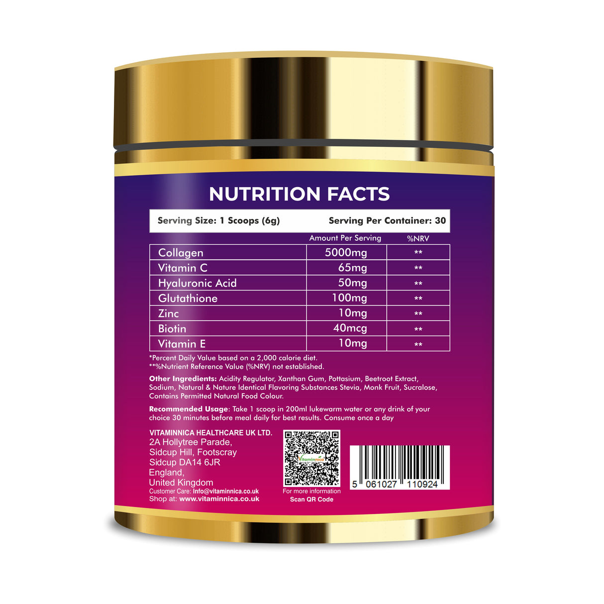 Vitaminnica Vita Beauty Premium Bovine Collagen Powder (Type I & III) with Hyaluronic Acid, Glutathione, Vitamin C, Biotin & Vitamin E | For Glowing Skin & Anti-Aging - 30 servings