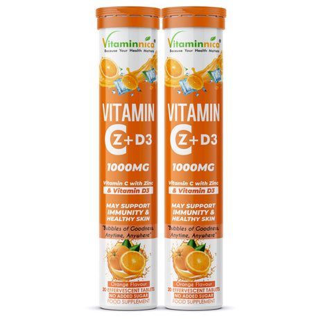 Vitaminnica Vitamin C + Zinc + D3- 20 Effervescent Tablets – High-Strength Vitamin C Drink for Immunity, Hydration, and Recovery | Sugar-Free, Orange Flavour