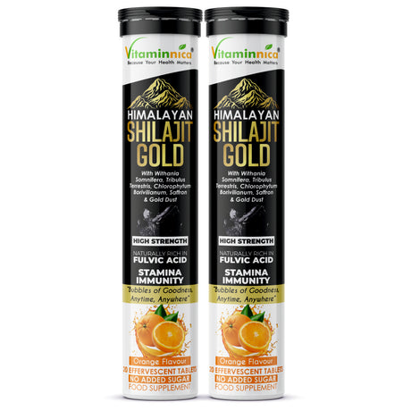 Vitaminnica Shilajit Gold- 20 Effervescent Tablets | Ashwagandha, Gokhru, Saffron & Swarna Bhasma (Gold Dust) for Natural Vitality, Strength & Performance Booster