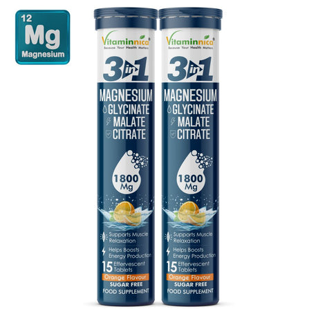 Vitaminnica Magnesium 3-in-1 Effervescent Tablets | Malate, Glycinate & Citrate for Muscle Health, Relaxation, Stress & Sleep | 15 Tablets
