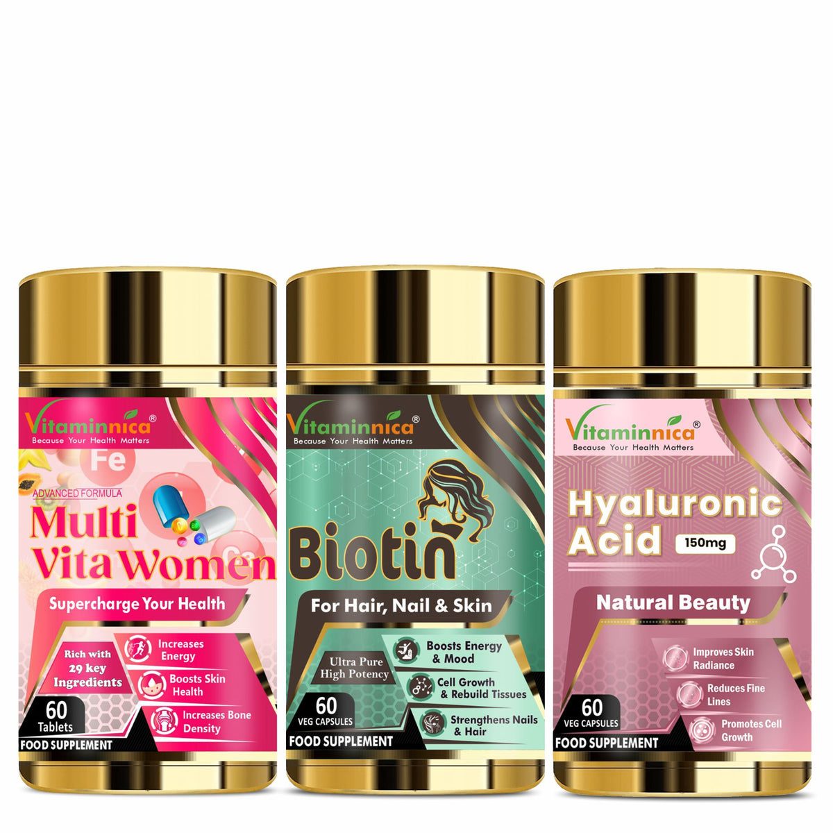 Women's Natural Beauty Bundle- Vitaminnica Multi Vita Women+ Biotin+ H ...
