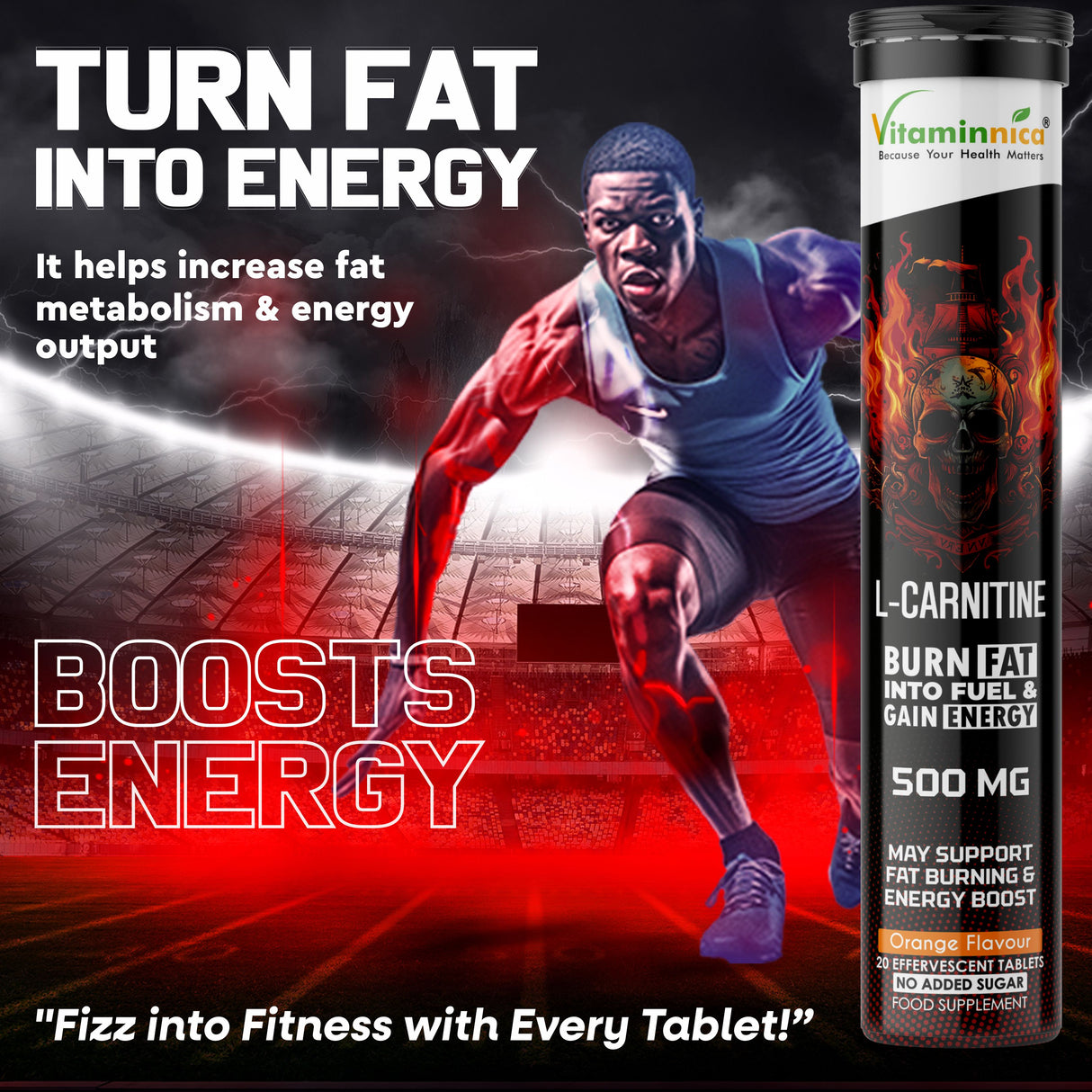 Vitaminnica L-Carnitine- 20 Effervescent Tablets Orange Flavour – Fat Metabolism, Energy & Weight Management Support | Fast-Absorbing Metabolic Drink