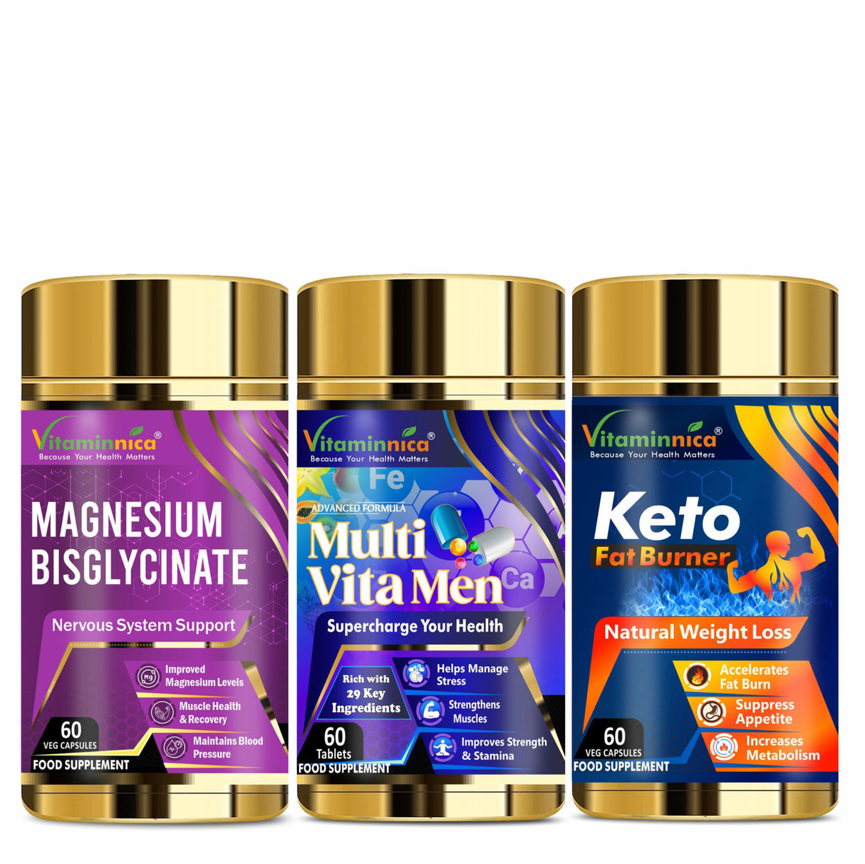 Vitaminnica Magnesium Bisglycinate+ Multi Vita Men+ Keto Fat Burner- Combo Pack | 180 Capsules