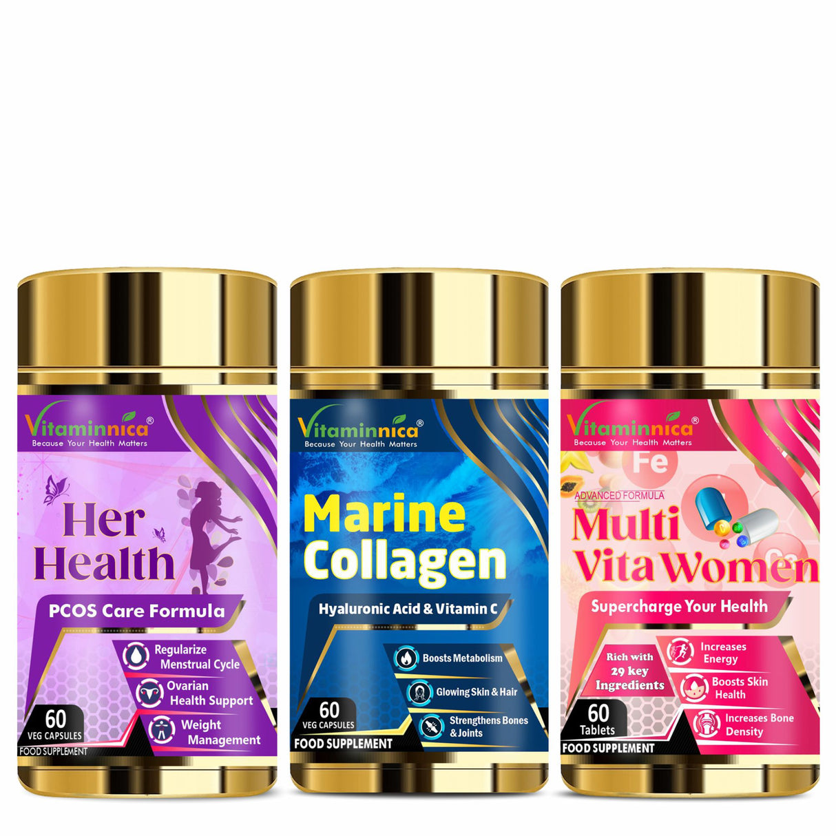 Vitaminnica Her Health+ Marine Collagen+ Multi Vita Women- Combo Pack| 180 Capsules