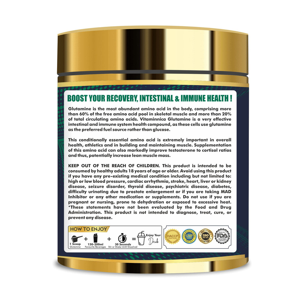 Vitaminnica Glutamine Powder-  100 Servings - Muscle Repair & Recovery | Unflavoured |