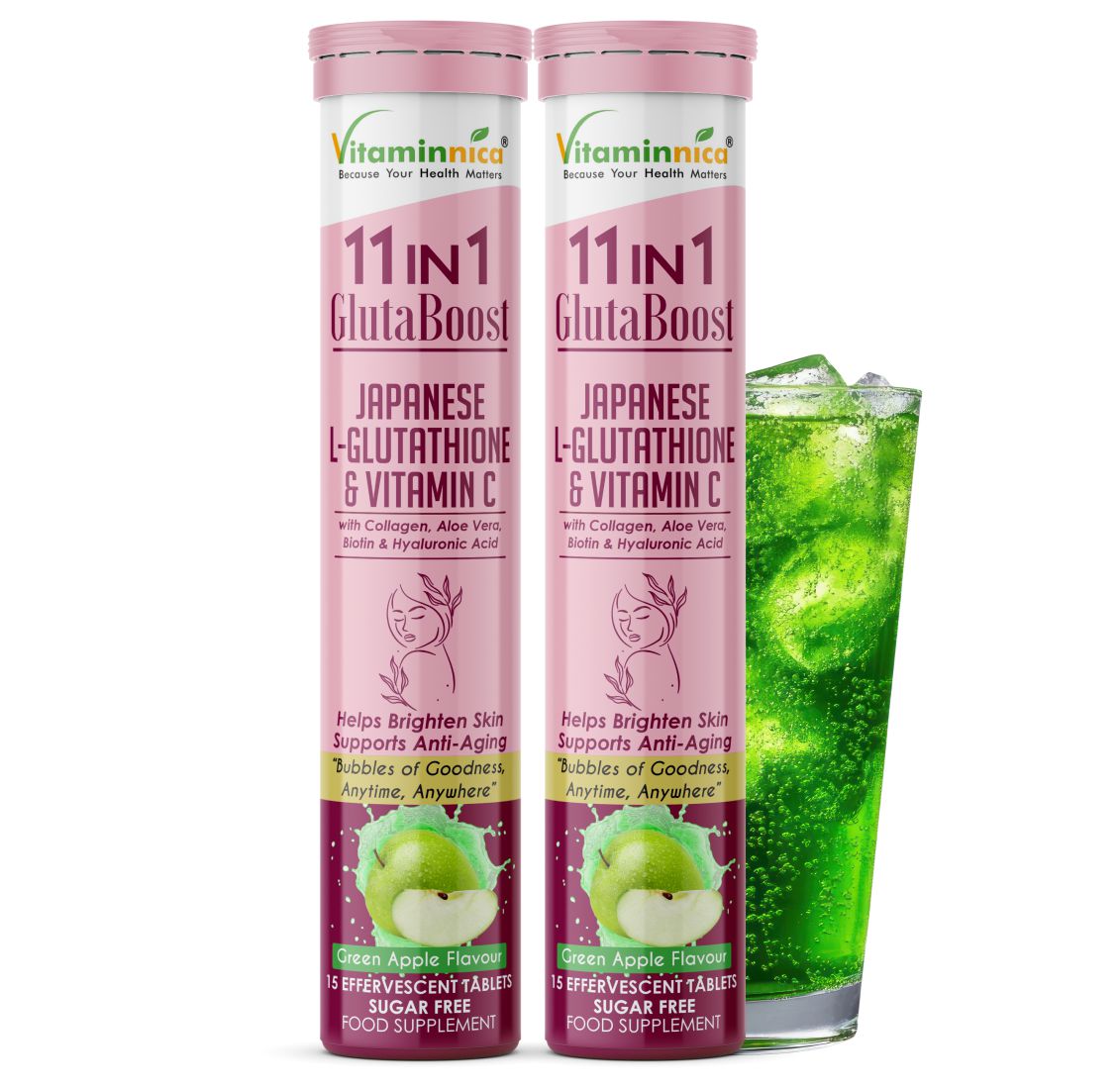 Vitaminnica Gluta Boost 11-in-1 Effervescent Tablets | Japanese L-Glutathione, Collagen, Vitamin C, Biotin & Hyaluronic Acid | Skin Radiance & Beauty Supplement | 15 Tablets
