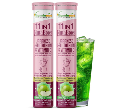 Vitaminnica Gluta Boost 11-in-1 Effervescent Tablets | Japanese L-Glutathione, Collagen, Vitamin C, Biotin & Hyaluronic Acid | Skin Radiance & Beauty Supplement | 15 Tablets