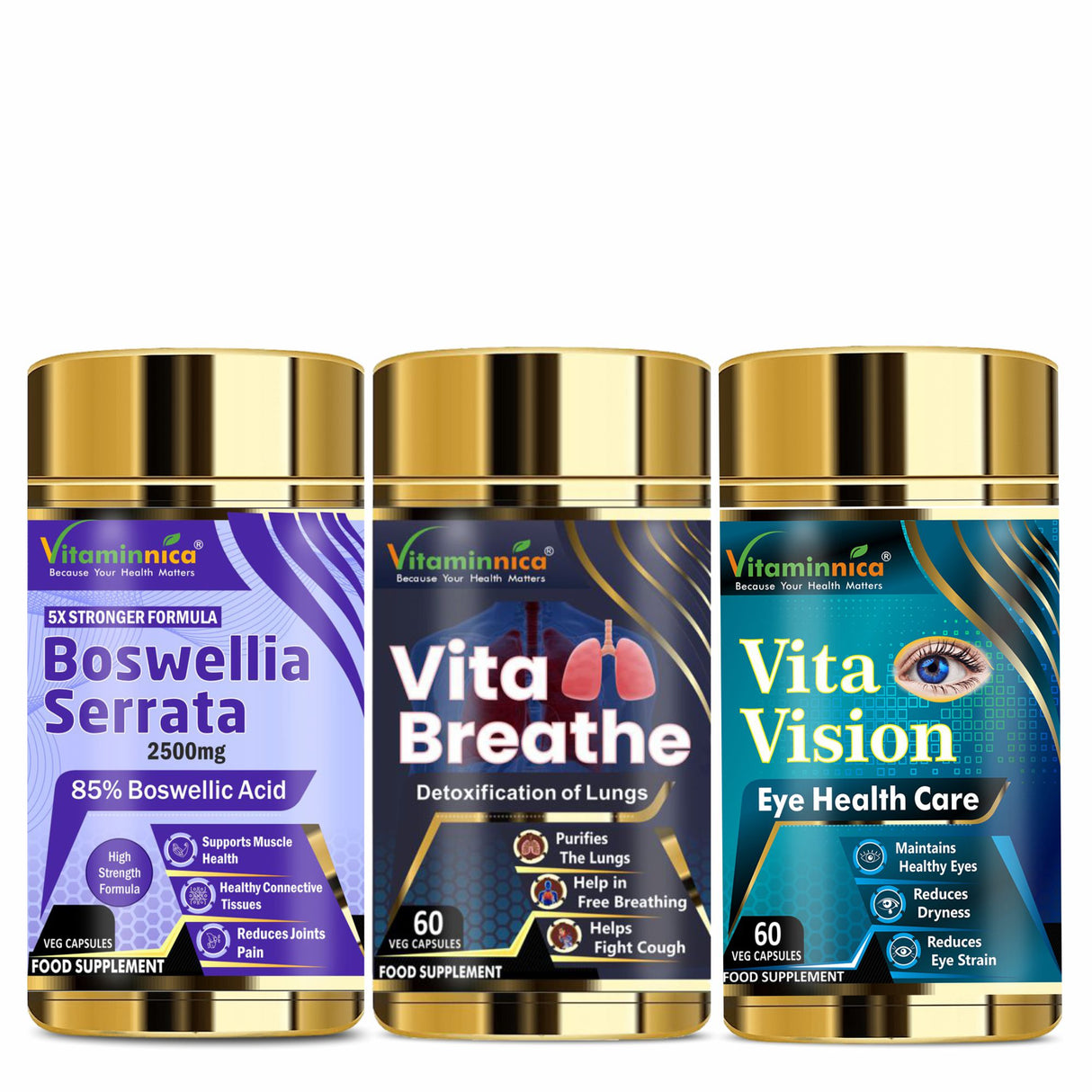 Vitaminnica Boswellia Serrata+ Vita Breathe+ Vita Vison- Combo Pack| 180 Capsules