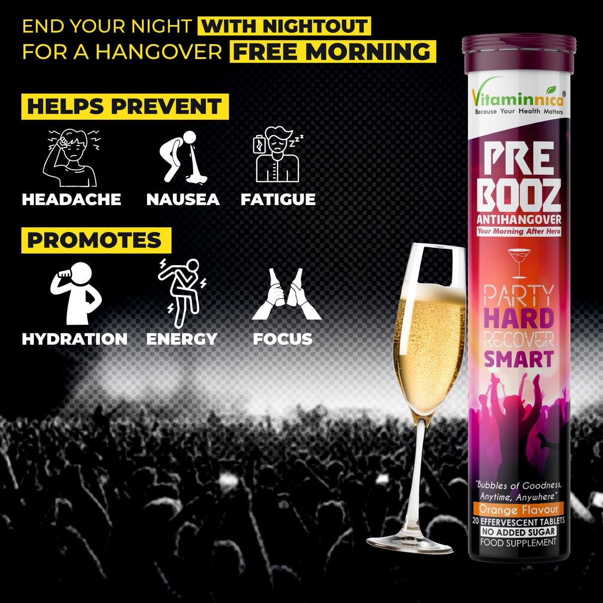 Vitaminnica Pre Booz- Hangover Relief Drink- 20 Effervescent Tablets– Pre & Post Party Recovery Supplement | With Vitamins, Minerals & Antioxidants | Helps Hydration, Liver Support, Energy & Detox