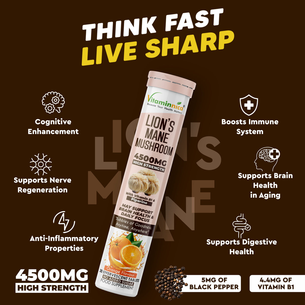 Vitaminnica Lion’s Mane Effervescent Tablets Orange Flavour – Buy 2 Get 1 Free | Cognitive Support, Memory, Focus & Brain Health | Vegan, Sugar Free