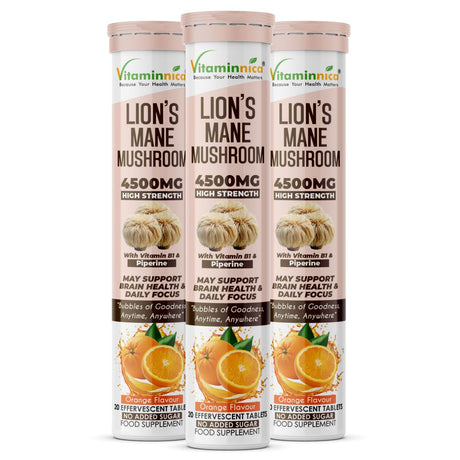 Vitaminnica Lion’s Mane Mushroom- 20 Effervescent Tablets | Brain Boost, Focus, Memory & Cognitive Support | Natural Nootropic Supplement | Mental Clarity, Nerve Health & Mood Enhancer | Vegan & Sugar-Free Tablets