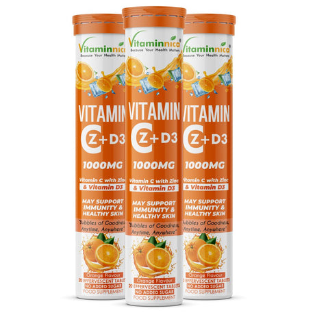 Vitaminnica Vitamin C + Zinc + D3- 20 Effervescent Tablets – High-Strength Vitamin C Drink for Immunity, Hydration, and Recovery | Sugar-Free, Orange Flavour