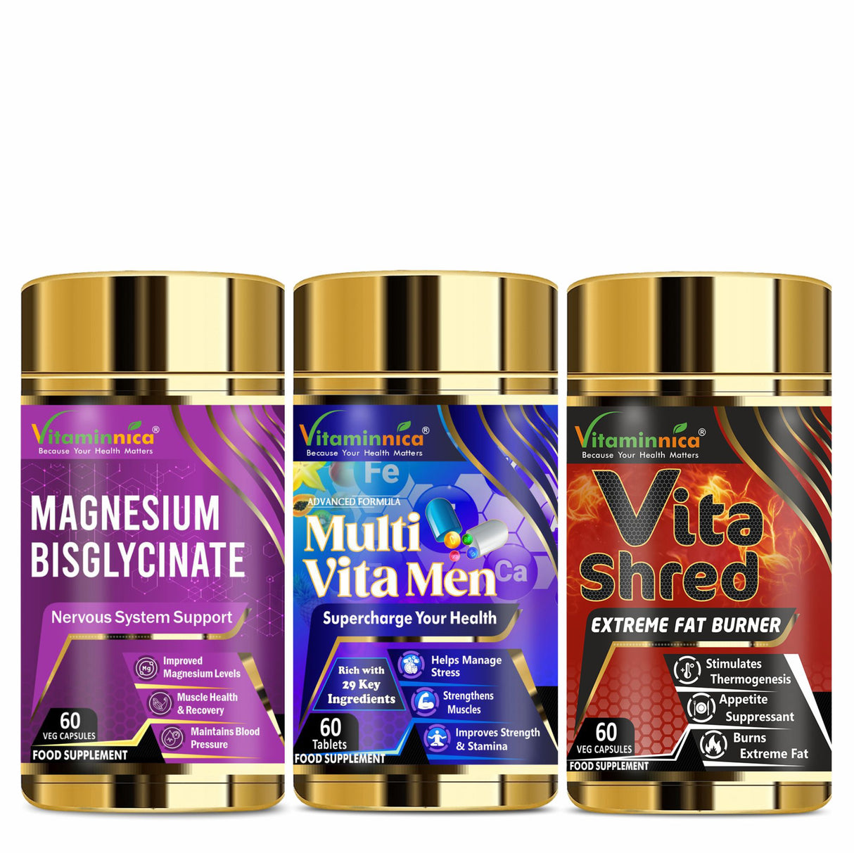 Vitaminnica Magnesium Bisglycinate+ Multi Vita Men+ Vita Shred- Combo Pack| 180 Capsules