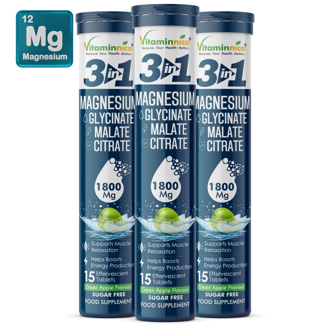 Vitaminnica Magnesium 3-in-1 Effervescent Tablets | Malate, Glycinate & Citrate for Muscle Health, Relaxation, Stress & Sleep | 15 Tablets