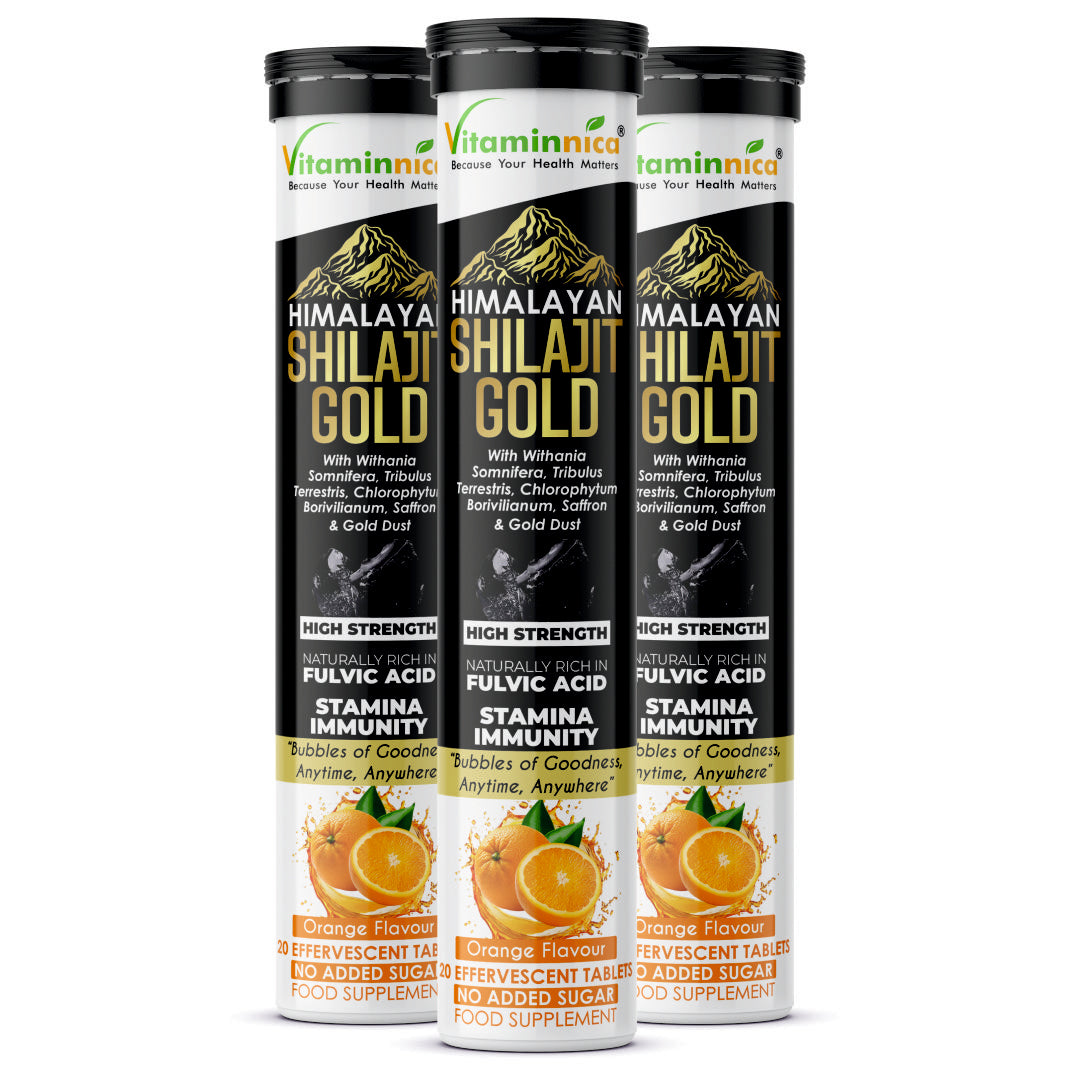 Vitaminnica Shilajit Gold- 20 Effervescent Tablets | Ashwagandha, Gokhru, Saffron & Swarna Bhasma (Gold Dust) for Natural Vitality, Strength & Performance Booster