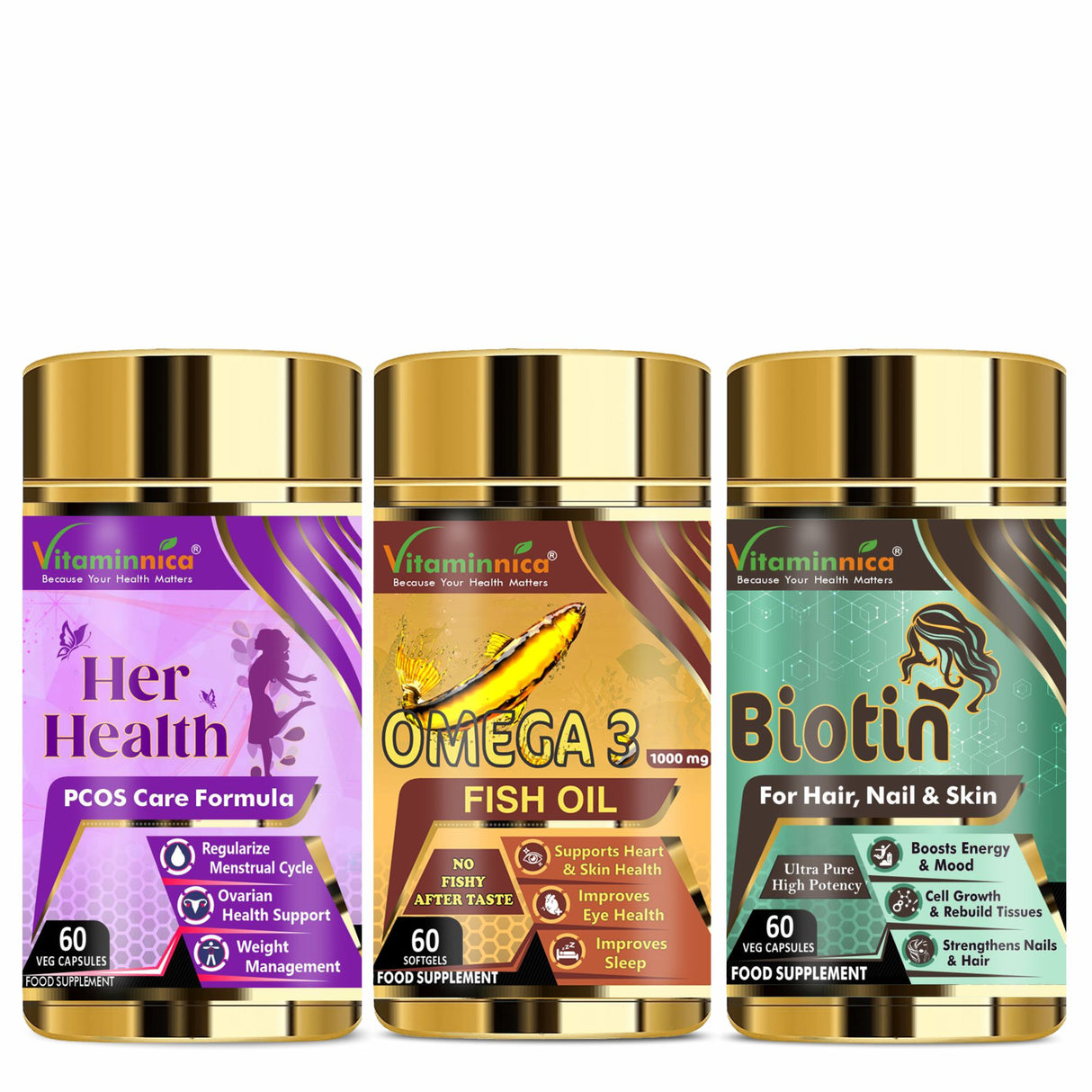 Vitaminnica Her Health+ Omega3+ Biotin- Combo Pack| 180 Capsules