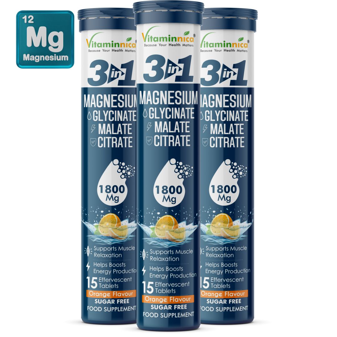 Vitaminnica Magnesium 3-in-1 Effervescent Tablets | Malate, Glycinate & Citrate for Muscle Health, Relaxation, Stress & Sleep | 15 Tablets