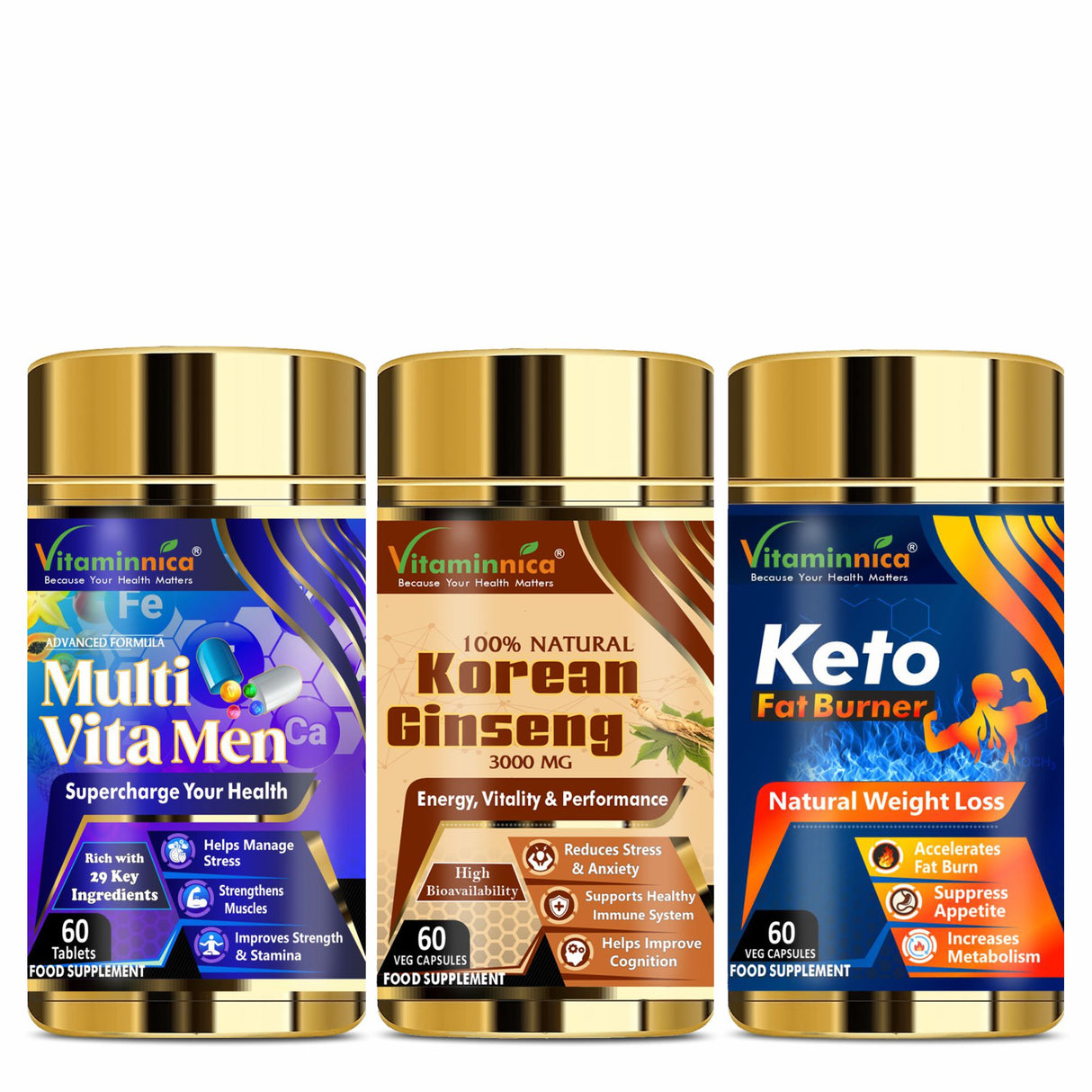 Men's Sports Bundle- Vitaminnica Multi Vita Men+ Korean Ginseng+ Keto Fat Burner- 180 Capsules