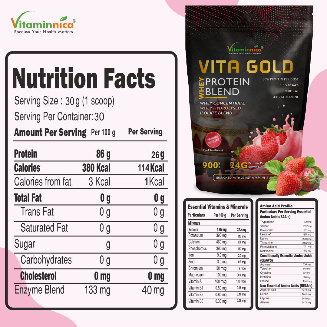 Vitaminnica Vita Gold Whey Protein- Strawberry Cheese Cake Flavour | 900gms