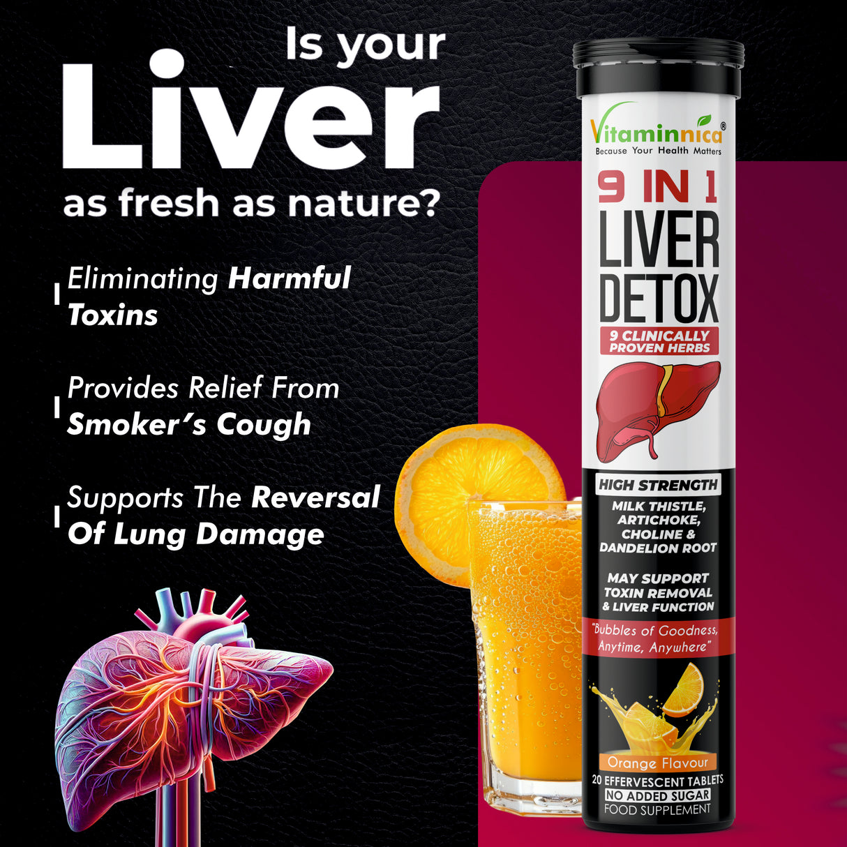 Vitaminnica 9-in-1 Liver Detox Effervescent Tablets – Advanced Liver Cleanse- 20 Effervescent Tablets