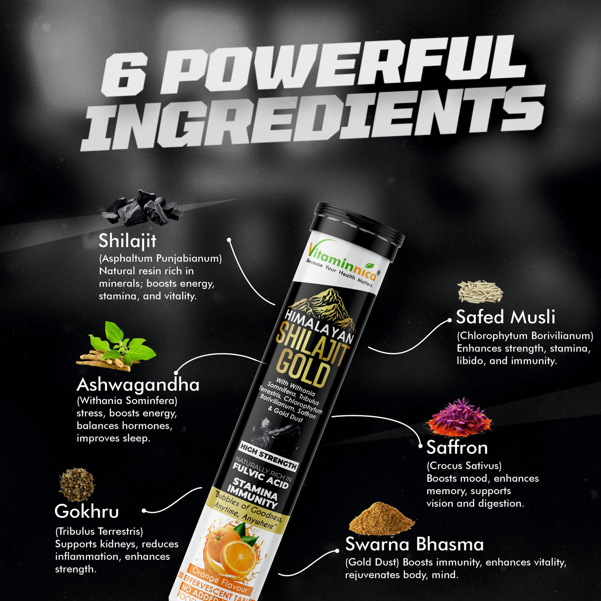 Vitaminnica Shilajit Gold- 20 Effervescent Tablets | Ashwagandha, Gokhru, Saffron & Swarna Bhasma (Gold Dust) for Natural Vitality, Strength & Performance Booster