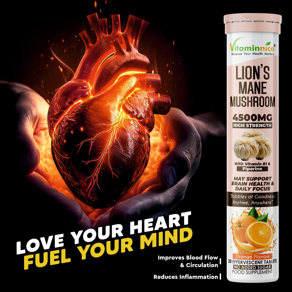 Vitaminnica Lion’s Mane Effervescent Tablets Orange Flavour – Buy 2 Get 1 Free | Cognitive Support, Memory, Focus & Brain Health | Vegan, Sugar Free