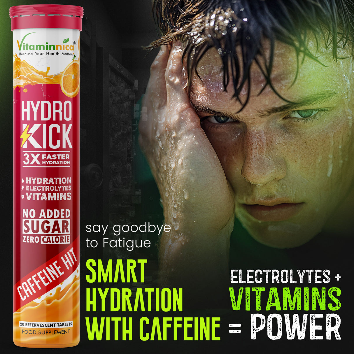 Vitaminnica Hydro Kick- 20 Effervescent Tablets | Hydration + Energy Boost | Electrolytes, Coconut Water, Caffeine & Green Tea | Vitamins & Minerals | Rehydration & Refreshing Energy Drink