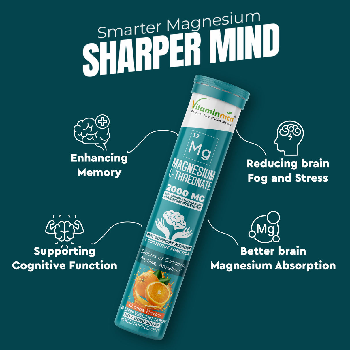 Vitaminnica Magnesium L-Threonate Effervescent Tablets Orange Flavour – Buy 2 Get 1 Free | Brain Health, Memory, Focus, Sleep & Nervous System Support | Vegan, Sugar Free