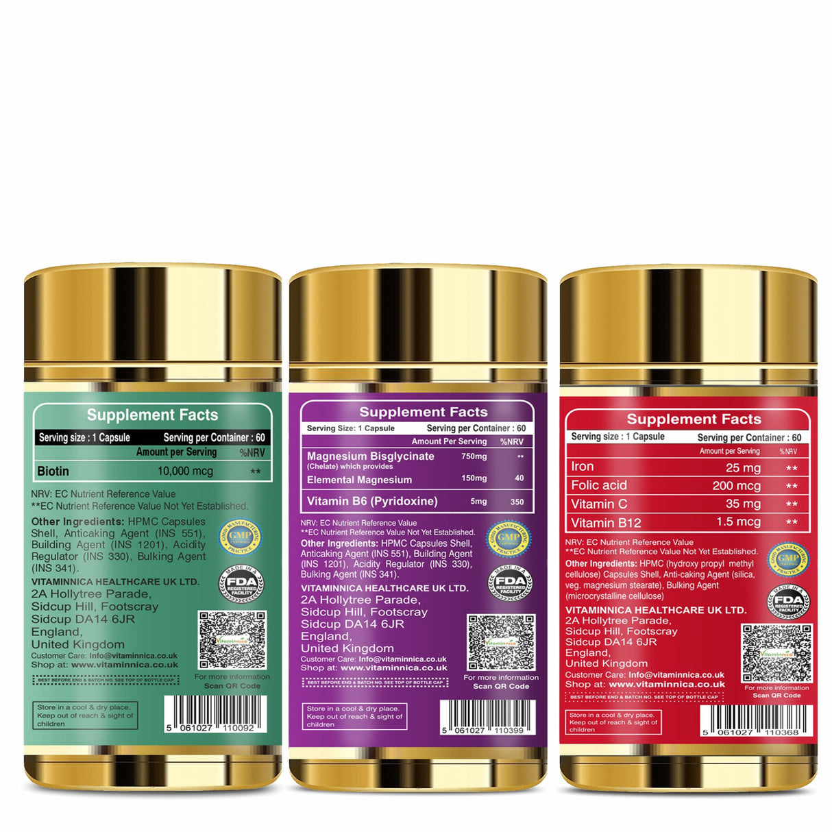 General Wellness Bundle-Vitaminnica Biotin+ Magnesium Bisglycinate+ Iron+Folic Acid- 180 Capsules