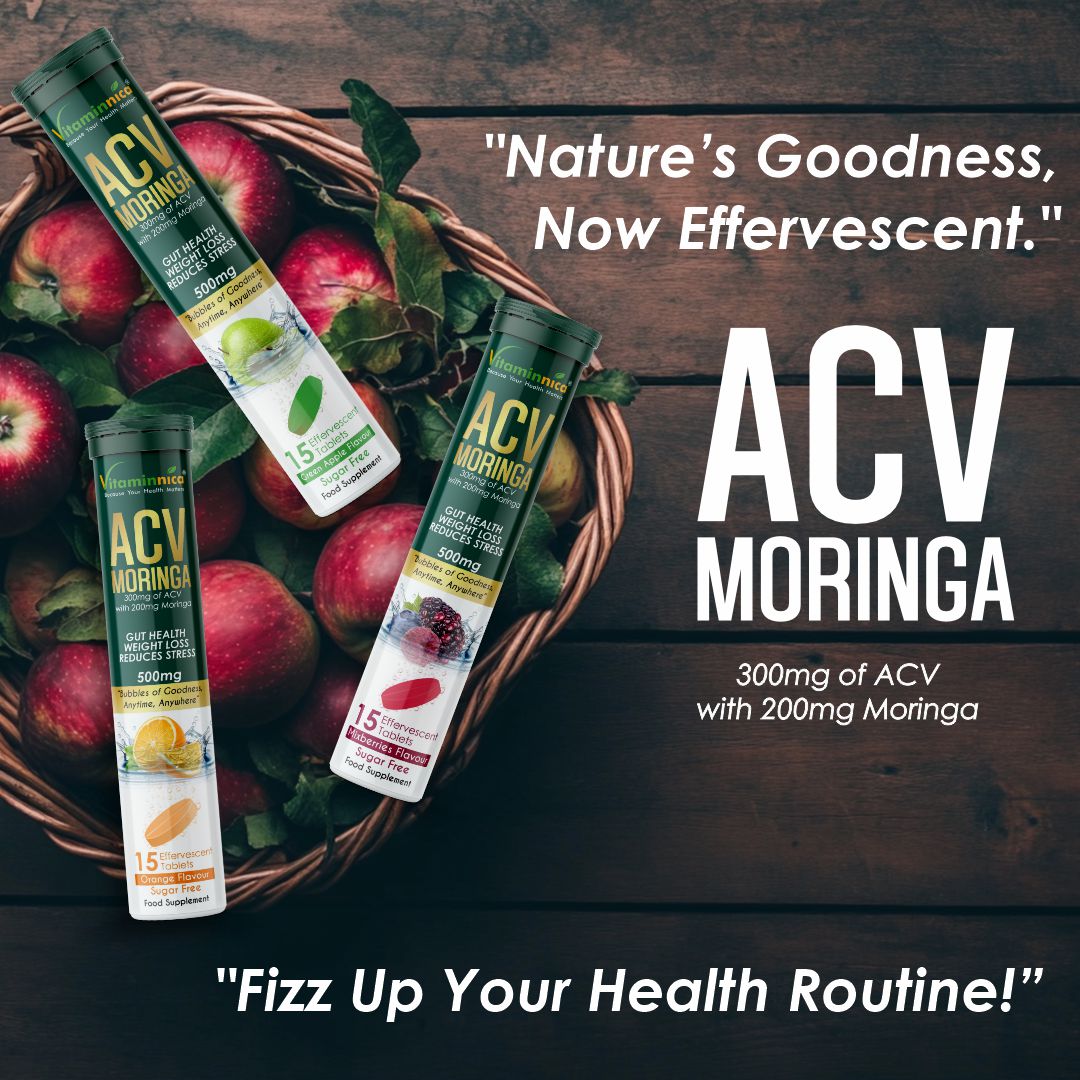 Vitaminnica ACV Moringa Effervescent- 15 Tablets Orange Buy 2 Get 1 Free | Supports Digestion, Detox & Weight Management