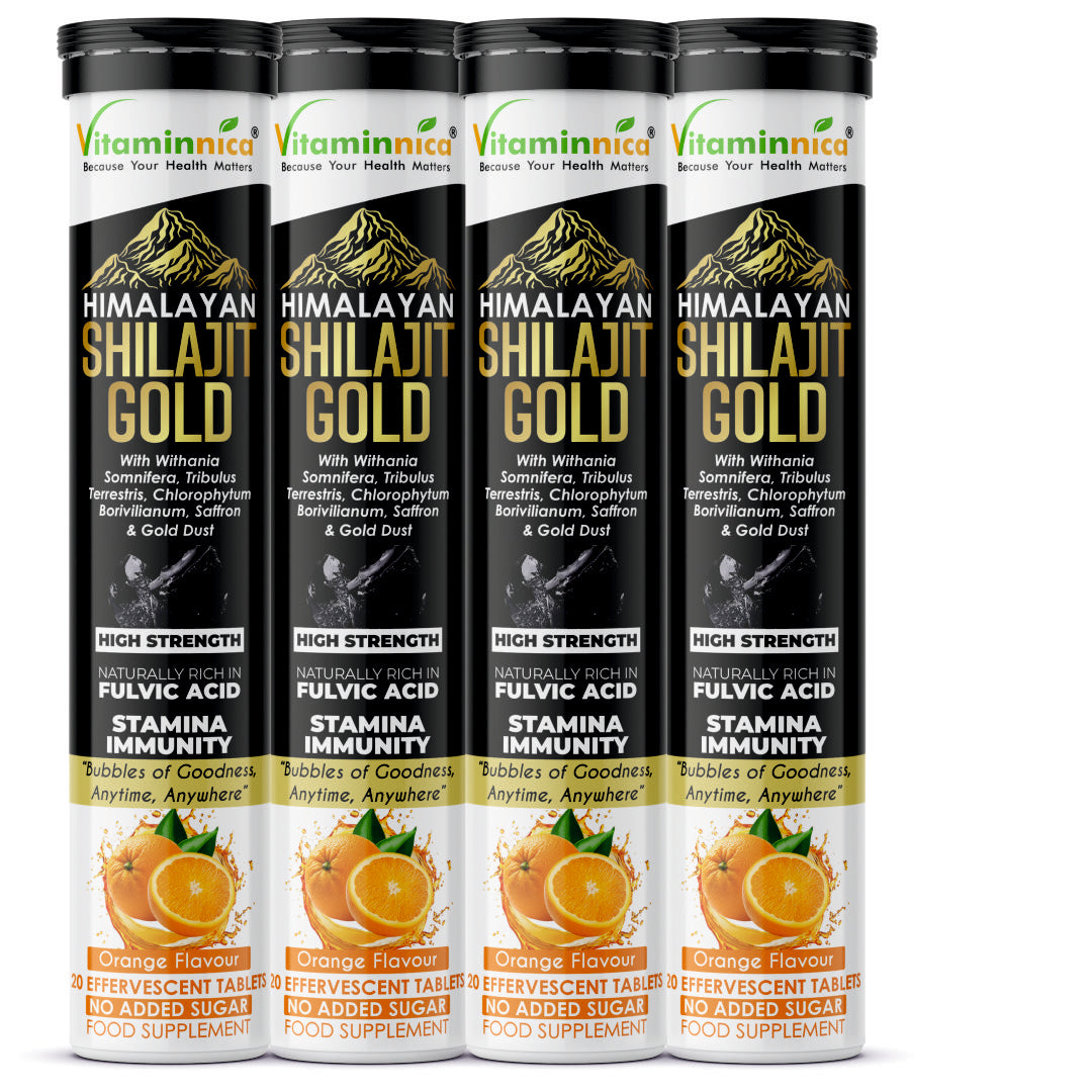 Vitaminnica Shilajit Gold- 20 Effervescent Tablets | Ashwagandha, Gokhru, Saffron & Swarna Bhasma (Gold Dust) for Natural Vitality, Strength & Performance Booster