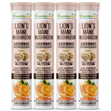 Vitaminnica Lion’s Mane Mushroom- 20 Effervescent Tablets | Brain Boost, Focus, Memory & Cognitive Support | Natural Nootropic Supplement | Mental Clarity, Nerve Health & Mood Enhancer | Vegan & Sugar-Free Tablets