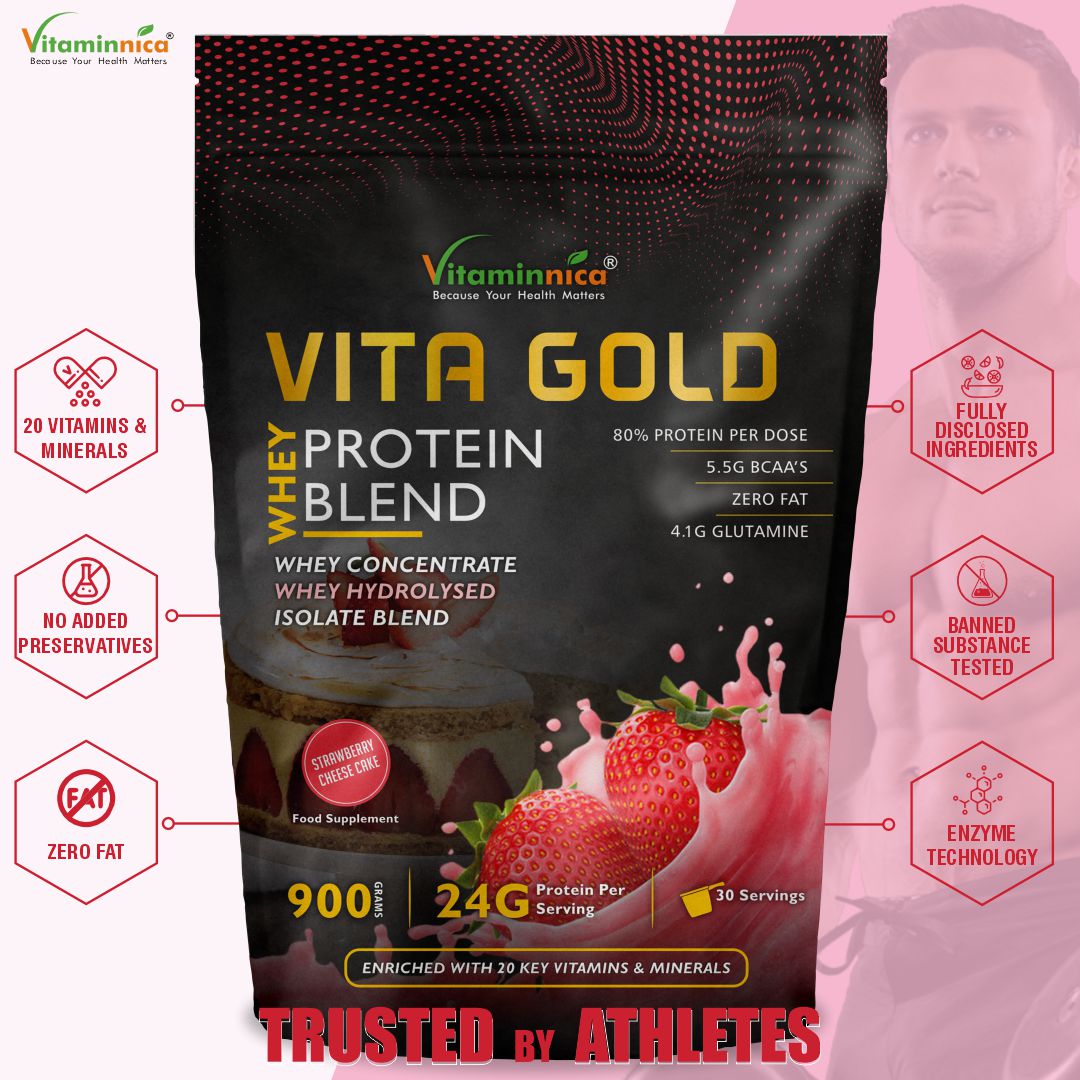 Vitaminnica Vita Gold Whey Protein- Strawberry Cheese Cake Flavour | 900gms