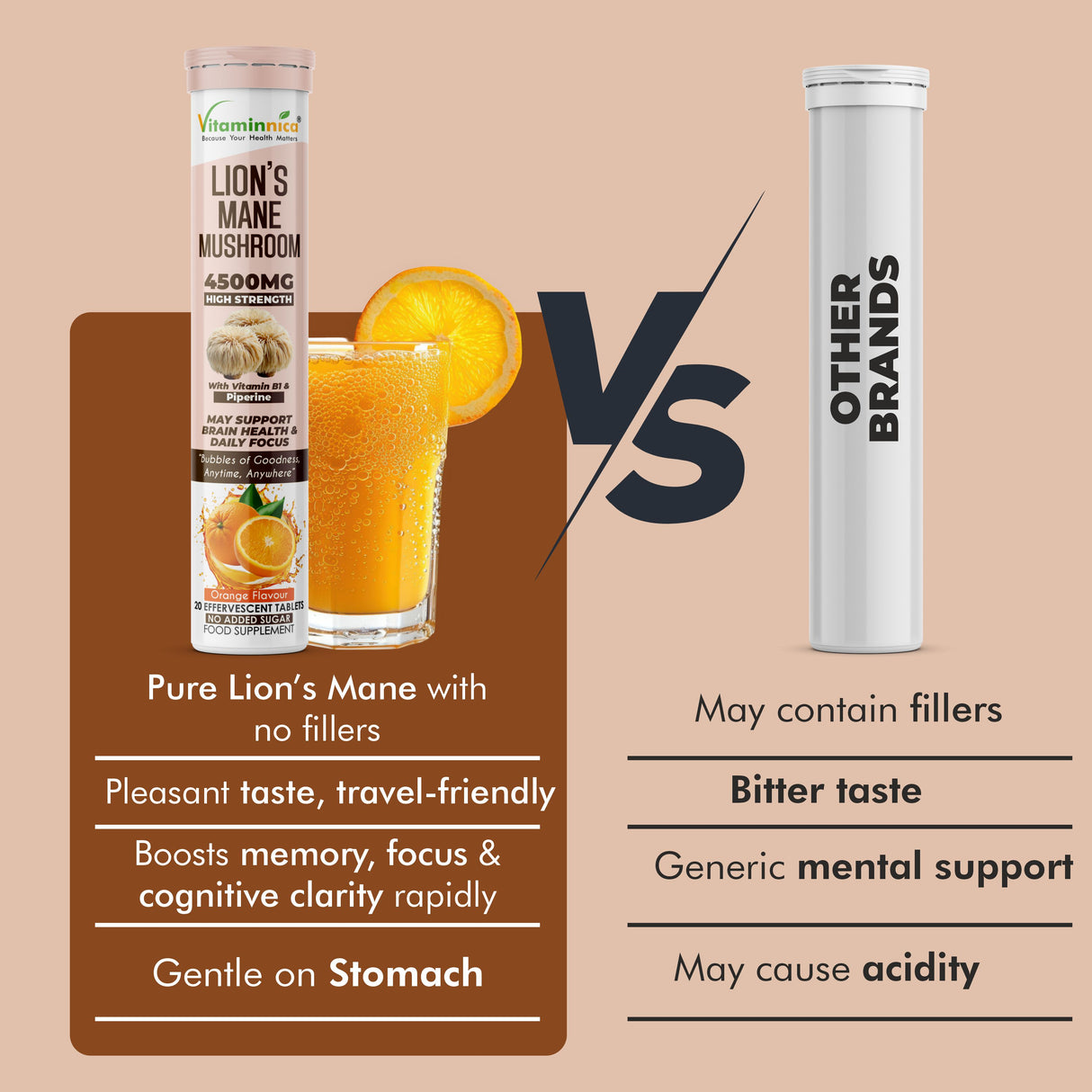 Vitaminnica Lion’s Mane Effervescent Tablets Orange Flavour – Buy 2 Get 1 Free | Cognitive Support, Memory, Focus & Brain Health | Vegan, Sugar Free