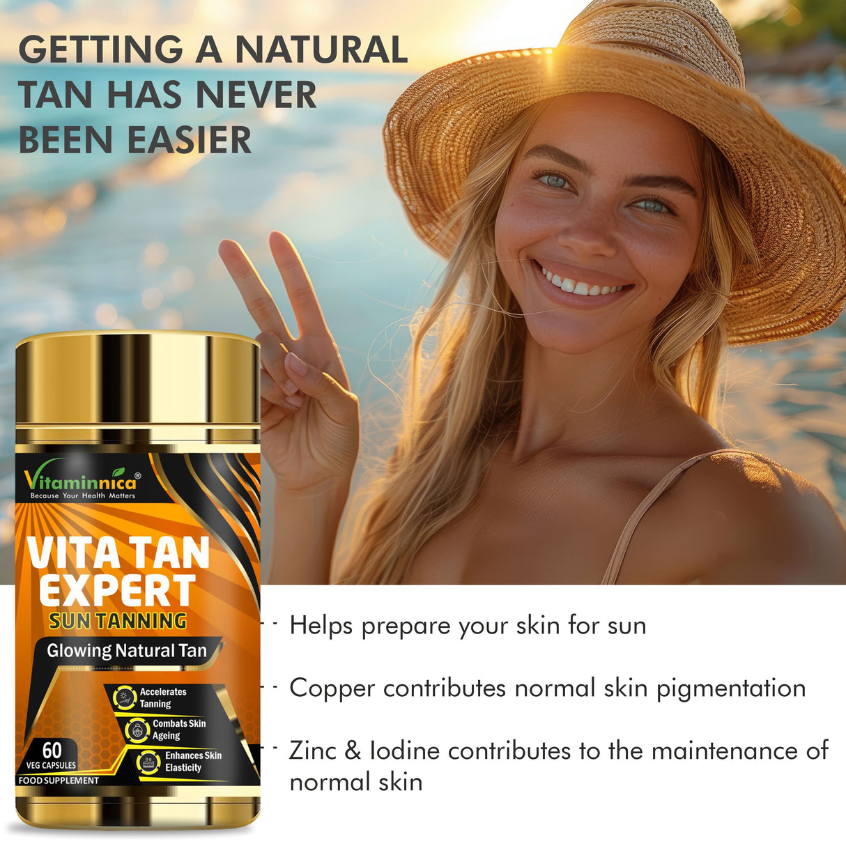 Vitaminnica Vita Tan Expert- Tanning Accelerator- 60 Vegan Capsules | Natural Sun Protector with Beta Carotene
