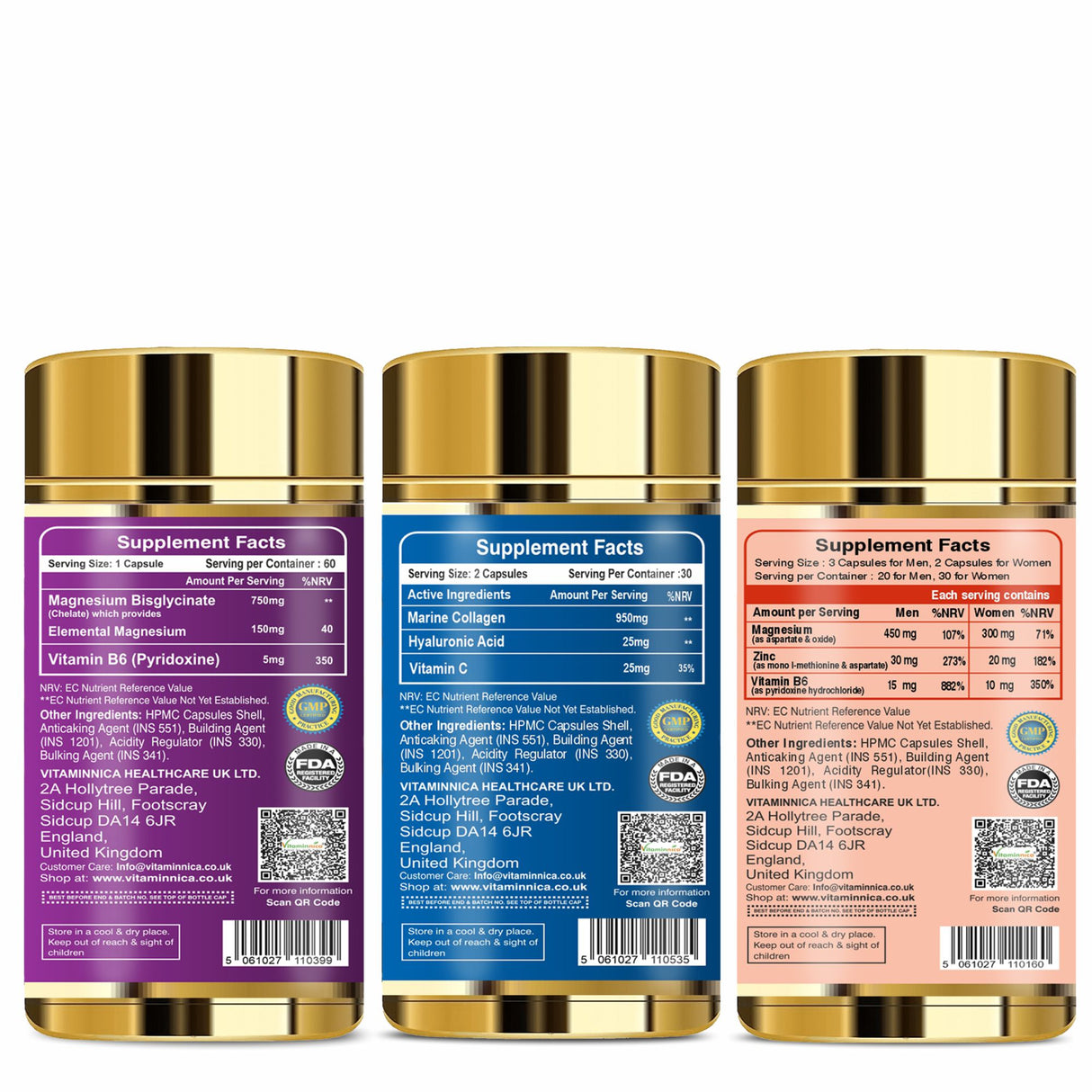 Vitaminnica Magnesium Bisglycinate+ Marine Collagen+ Apple Cider Vinegar & Curcumin- Combo Pack| 180 Capsules